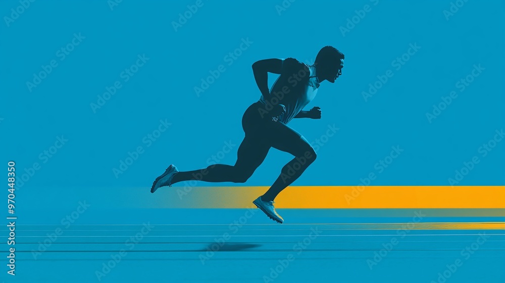 Aufkleber Track and field athlete silhouette running with dynamic action lines and a glowing trail symbolizing power and endurance Large space for text in center Stock photo with copy space