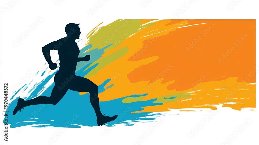 Poster Track and field athlete silhouette running with dynamic action lines and a glowing trail symbolizing power and endurance Large space for text in center Stock photo with copy space