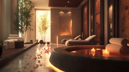 Relaxing spa interior with a jacuzzi, candles and towels.