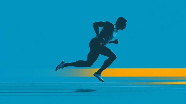 Track and field athlete silhouette running with dynamic action lines and a glowing trail symbolizing power and endurance Large space for text in center Stock photo with copy space