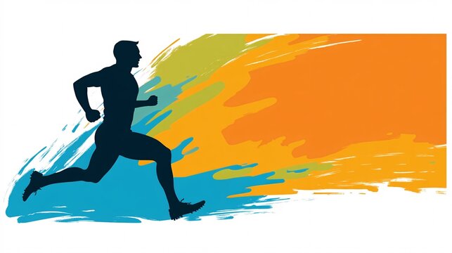 Track and field athlete silhouette running with dynamic action lines and a glowing trail symbolizing power and endurance Large space for text in center Stock photo with copy space
