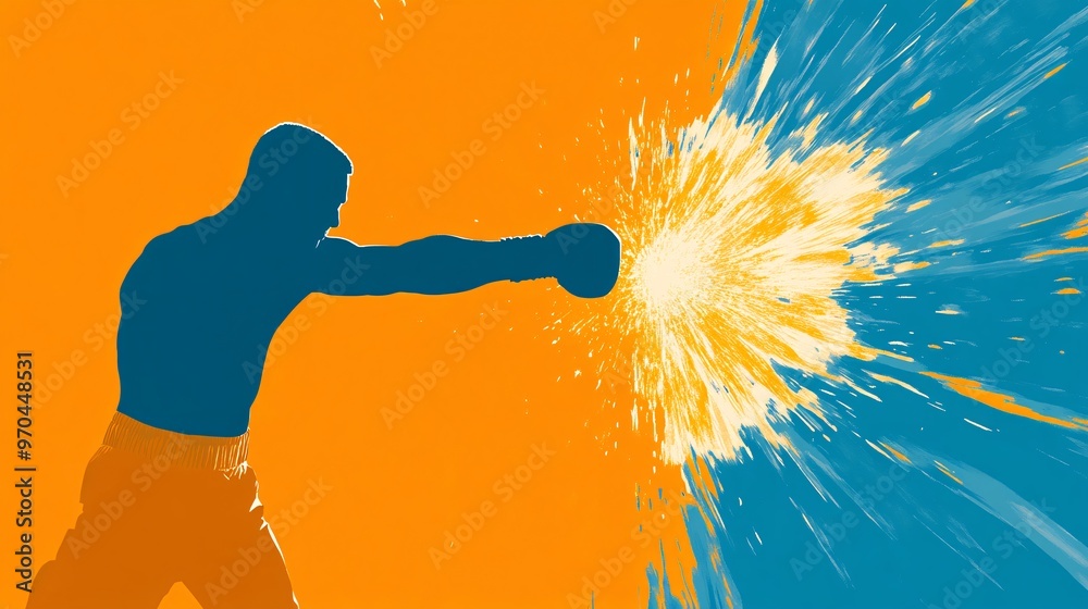 Aufkleber Boxer silhouette throwing a punch with explosive motion lines and glowing effects symbolizing strength and precision Large space for text in center Stock photo with copy space