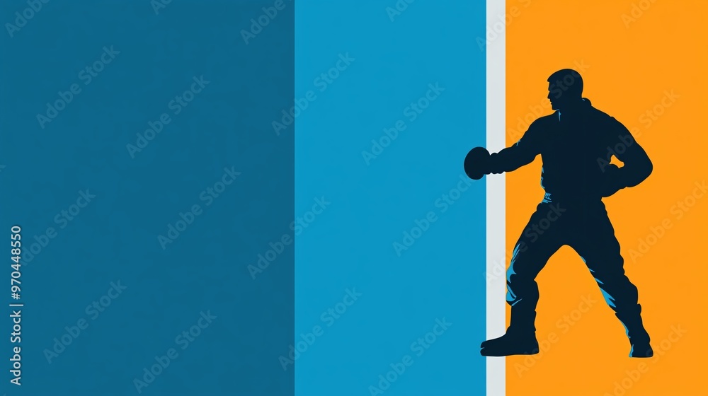 Poster Boxer silhouette throwing a punch with explosive motion lines and glowing effects symbolizing strength and precision Large space for text in center Stock photo with copy space