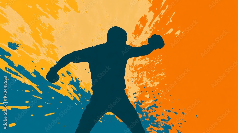 Leinwandbilder Boxer silhouette throwing a punch with explosive motion lines and glowing effects symbolizing strength and precision Large space for text in center Stock photo with copy space