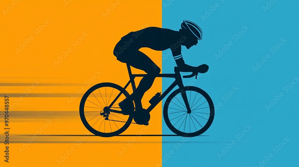 Poster Cyclist silhouette pedaling at high speed with motion lines and dust trails symbolizing endurance and power in a race environment Large space for text in center Stock photo with copy space
