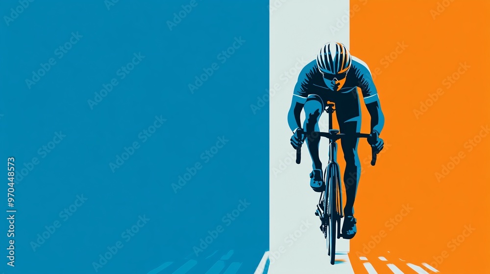 Poster Cyclist silhouette pedaling at high speed with motion lines and dust trails symbolizing endurance and power in a race environment Large space for text in center Stock photo with copy space