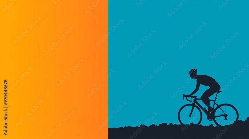 Poster Cyclist silhouette pedaling at high speed with motion lines and dust trails symbolizing endurance and power in a race environment Large space for text in center Stock photo with copy space