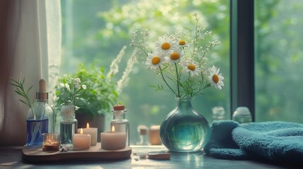 Relaxing spa setting with lit candles, essential oils, flowers and a towel.