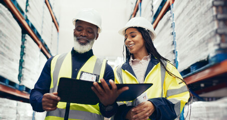 Logistics, checklist and man with tablet, collaboration and engineer in warehouse, inventory and...