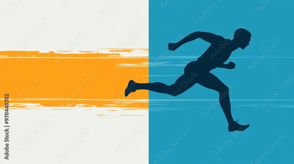 Fototapete Track runner silhouette sprinting with glowing trails behind symbolizing speed and endurance on a dynamic track background Large space for text in center Stock photo with copy space