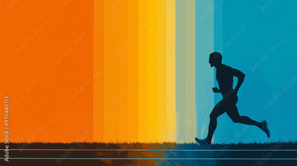 Aufkleber Track runner silhouette sprinting with glowing trails behind symbolizing speed and endurance on a dynamic track background Large space for text in center Stock photo with copy space