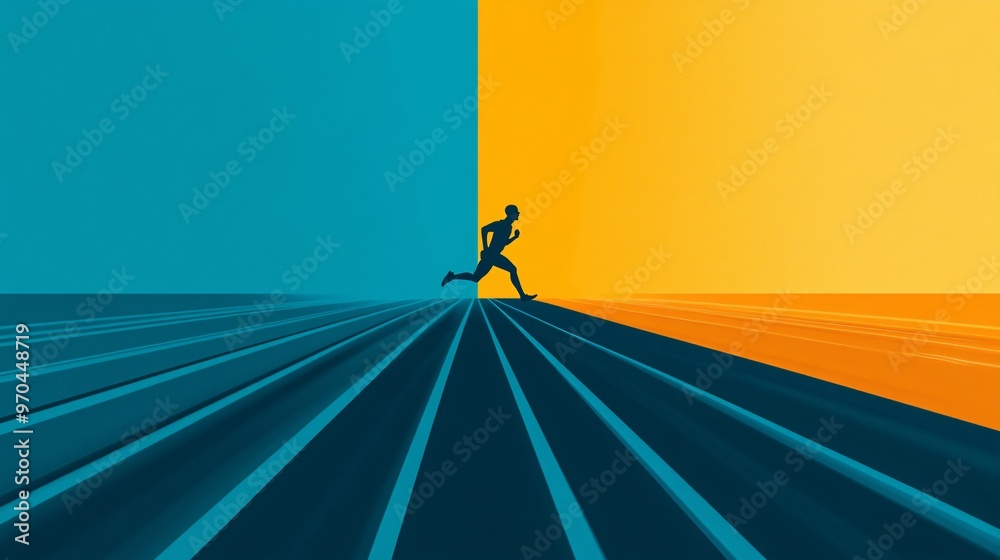Aufkleber Track runner silhouette sprinting with glowing trails behind symbolizing speed and endurance on a dynamic track background Large space for text in center Stock photo with copy space