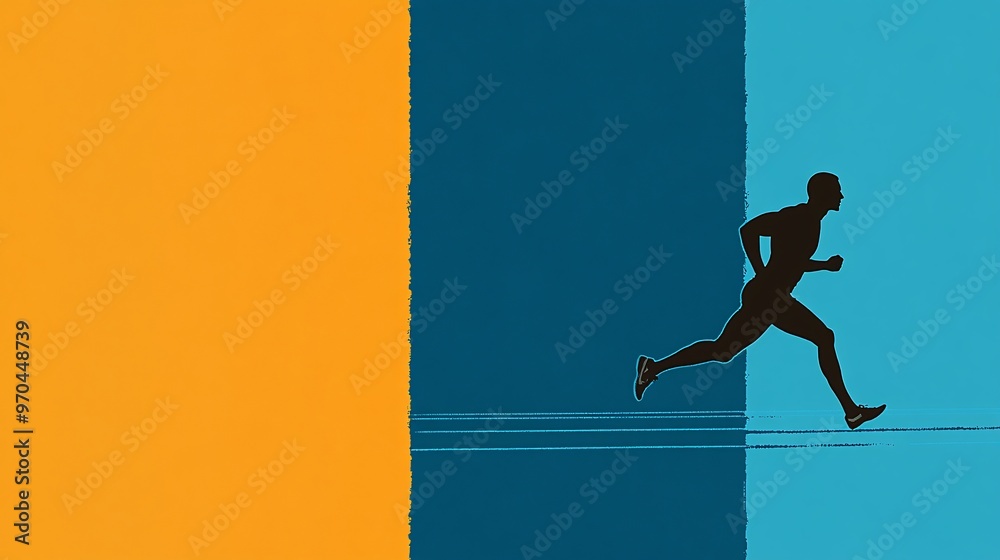 Poster Track runner silhouette sprinting with glowing trails behind symbolizing speed and endurance on a dynamic track background Large space for text in center Stock photo with copy space