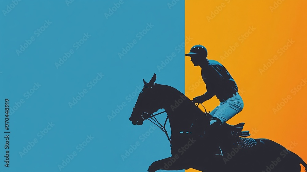 Poster polo player silhouette charging forward with the horse in motion dust trails following symbolizing p