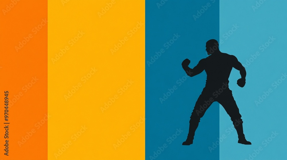 Poster boxer silhouette in a defensive stance with motion lines and glowing effects representing agility an