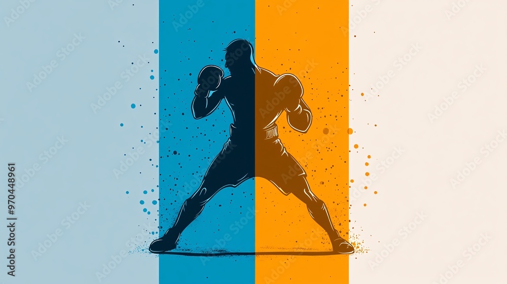 Poster boxer silhouette in a defensive stance with motion lines and glowing effects representing agility an
