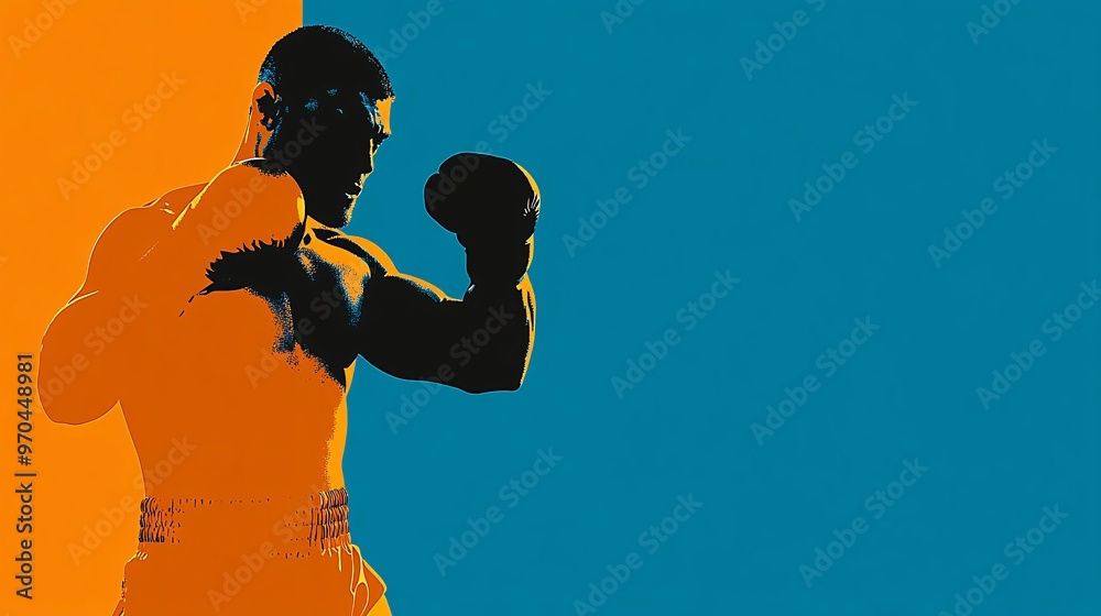 Poster Boxer silhouette in a defensive stance with motion lines and glowing effects representing agility and strategy Large space for text in center Stock photo with copy space