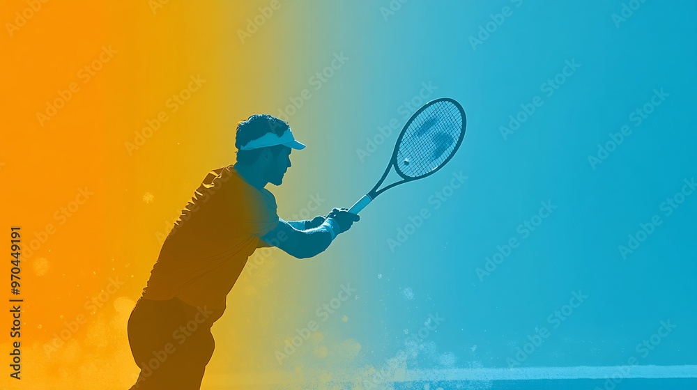 Poster tennis player silhouette hitting a backhand shot with motion blur effects and glowing particles symb