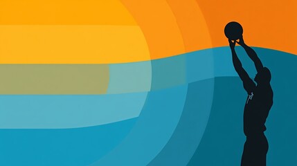 Basketball player silhouette shooting from a distance with dynamic action lines and a glowing basketball in flight symbolizing accuracy and focus Large space for text in center Stock photo with copy