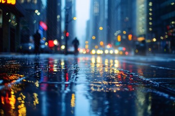 Obraz premium Gentle rain drapes the city in a shimmering veil, illuminating the vibrancy of urban existence.