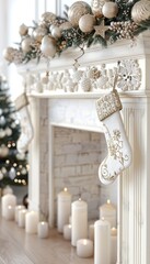 A beautifully decorated Christmas fireplace with stockings, candles, and festive ornaments, creating a warm holiday ambiance.