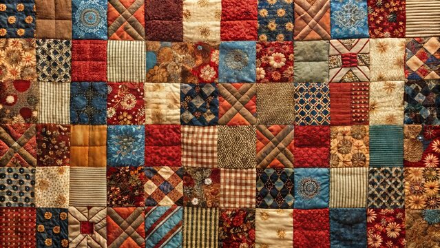 "Vibrant patchwork quilt featuring homespun fabric in rustic red, earthy brown, and muted blue, with intricate stitching and traditional patterns repeated in harmonious balance."