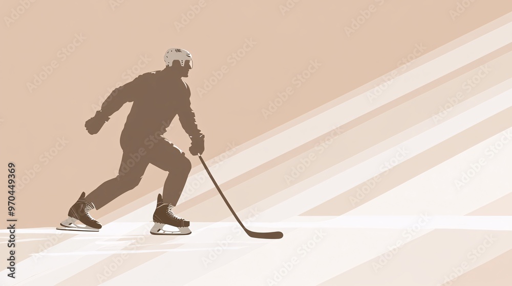 Aufkleber Hockey player silhouette skating rapidly forward with sharp motion lines and icy effects symbolizing speed and precision Large space for text in center Stock photo with copy space