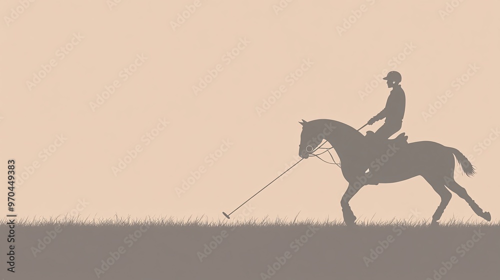 Poster Polo player silhouette swinging the mallet while riding a galloping horse sharp motion lines highlighting strength and control Large space for text in center Stock photo with copy space