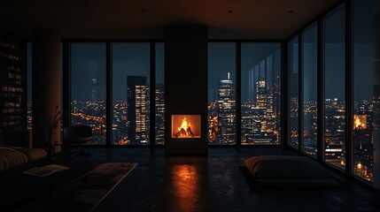 Fototapeta premium Luxurious modern apartment with a cozy fireplace and stunning night city view through floor-to-ceiling windows.