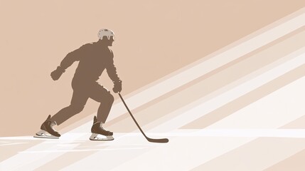 Obraz premium Hockey player silhouette skating rapidly forward with sharp motion lines and icy effects symbolizing speed and precision Large space for text in center Stock photo with copy space