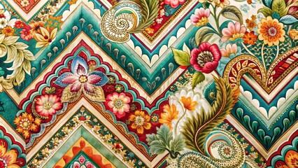 "Vibrant canvas incorporating paisley, chevron, and florid motifs, with subtle sheen, evoking 19th-century French elegance, but what type of fabric is it?"
