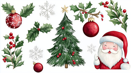 Obraz premium Watercolor vector Santa and Christmas set with fir branches, balls and gifts.