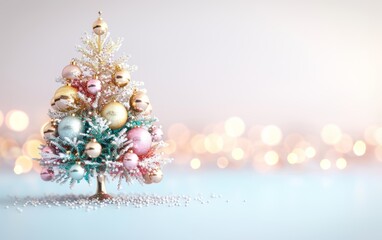 A beautifully designed Christmas tree adorned with pastel ornaments against a soft bokeh background, perfect for holiday decor themes.