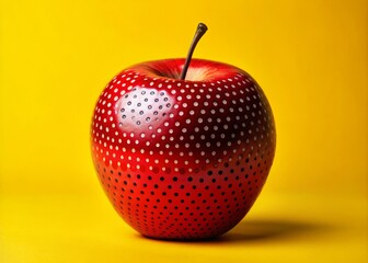 Obraz premium A bold, bright red apple with a Ben-Day dot pattern, set against a vibrant yellow background with a graphic black outline.