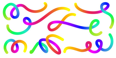 3D rainbow gradient lines. Fluid color vector elements on white background. Wavy blend swirl stripes. Dynamic twisted flowing strokes for posters and banners.