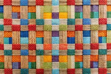 Geometric square lattice pattern on woven fabric, featuring repeating units of interconnected squares in varying sizes and colors, forming a cozy and textured basket design.