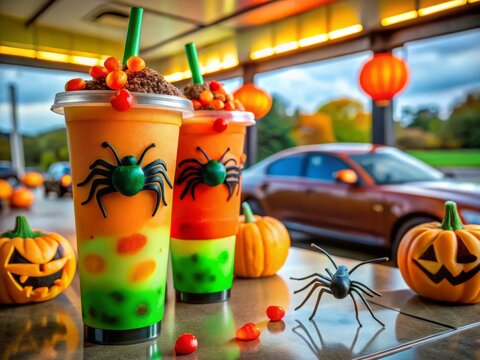 Orange and green Halloween-themed drinks at the pump, festive cup sleeves, and creeping crawlies add a spooky vibe to the Sheetz drive-thru.