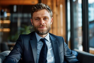Naklejka premium Corporate Executive in a Suit Sitting in a Plush Conference Room, Business Theme, Portrait Shot, Executive, Conference Room