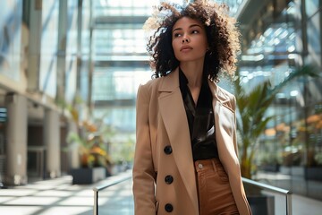 Fototapeta premium Businesswoman in a Stylish Outfit Walking Through a Tech Park, Copy Space, Portrait Shot, Tech, Park