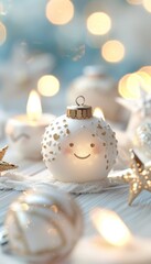 Fototapeta premium A cheerful Christmas ornament with a smiling face, surrounded by soft lights and festive decorations, creating a warm holiday atmosphere.