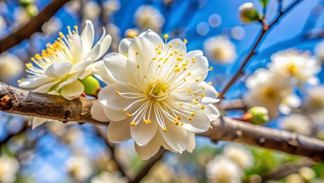 A delicate white champaca flower unfurls on a branch, its petals gently curled, releasing a sweet fragrance into the warm sunlight.