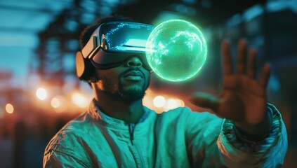 Naklejka premium close-up of black man in VR headset holds up hand with illuminated, holographic green sphere floating above it 