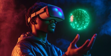Black man in VR headset holds up hand with illuminated, holographic green sphere floating above it 
