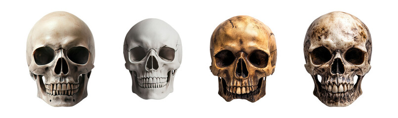 Set of scary and classic realistic Halloween skulls on white background