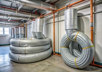 Wrapped heat tape coils snugly around gray pipes in a utility room, providing warmth and protection against freezing temperatures during winter months.