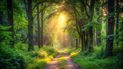 Obraz premium Tranquil forest path through lush greenery during twilight