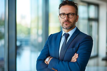 Fototapeta premium Corporate Executive in a Suit Sitting in an Elegant Boardroom, Business Theme, Portrait Shot, Executive, Boardroom