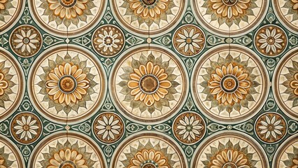 Retro circular patterns in ceramic tiles with muted earthy hues for a timeless backdrop