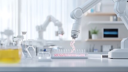 Biotech lab with robotic arms manipulating DNA samples, cutting-edge genetic research