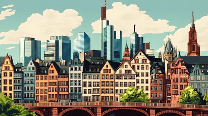 Obraz premium A picturesque cityscape with historic buildings, modern skyscrapers, and a bridge.